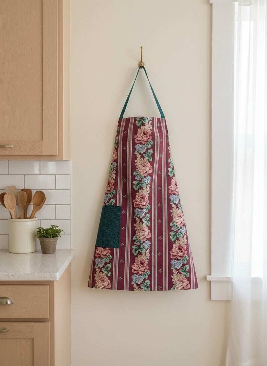 Floral-patterned apron on a kitchen wall