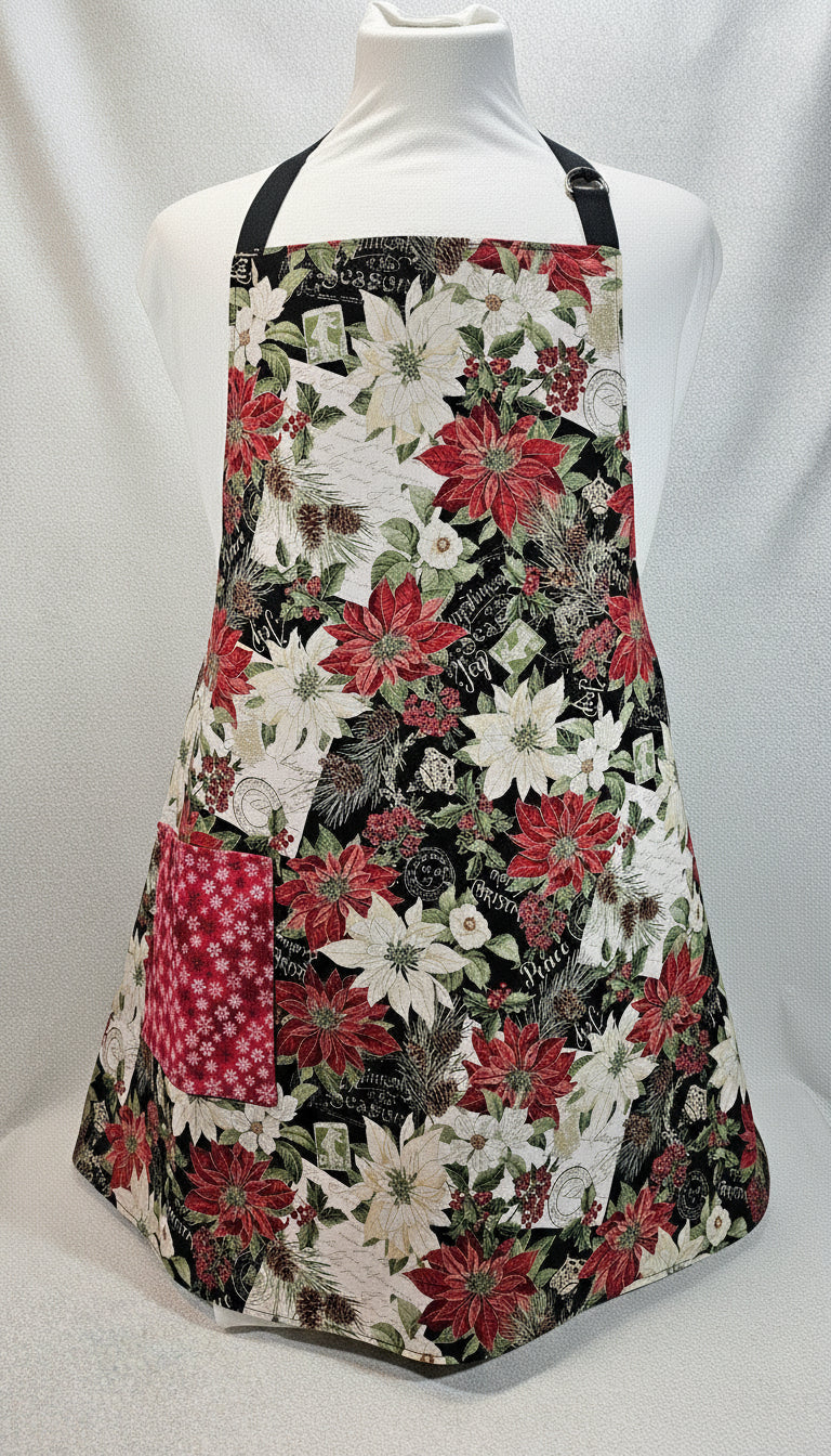 White and Red Poinsettia Apron, Reversable and Adjustable