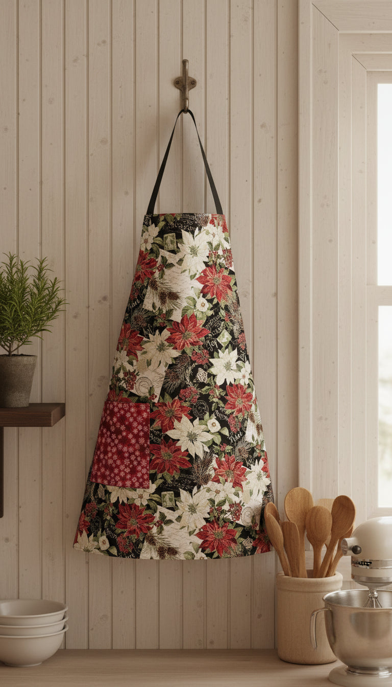 White and Red Poinsettia Apron, Reversable and Adjustable