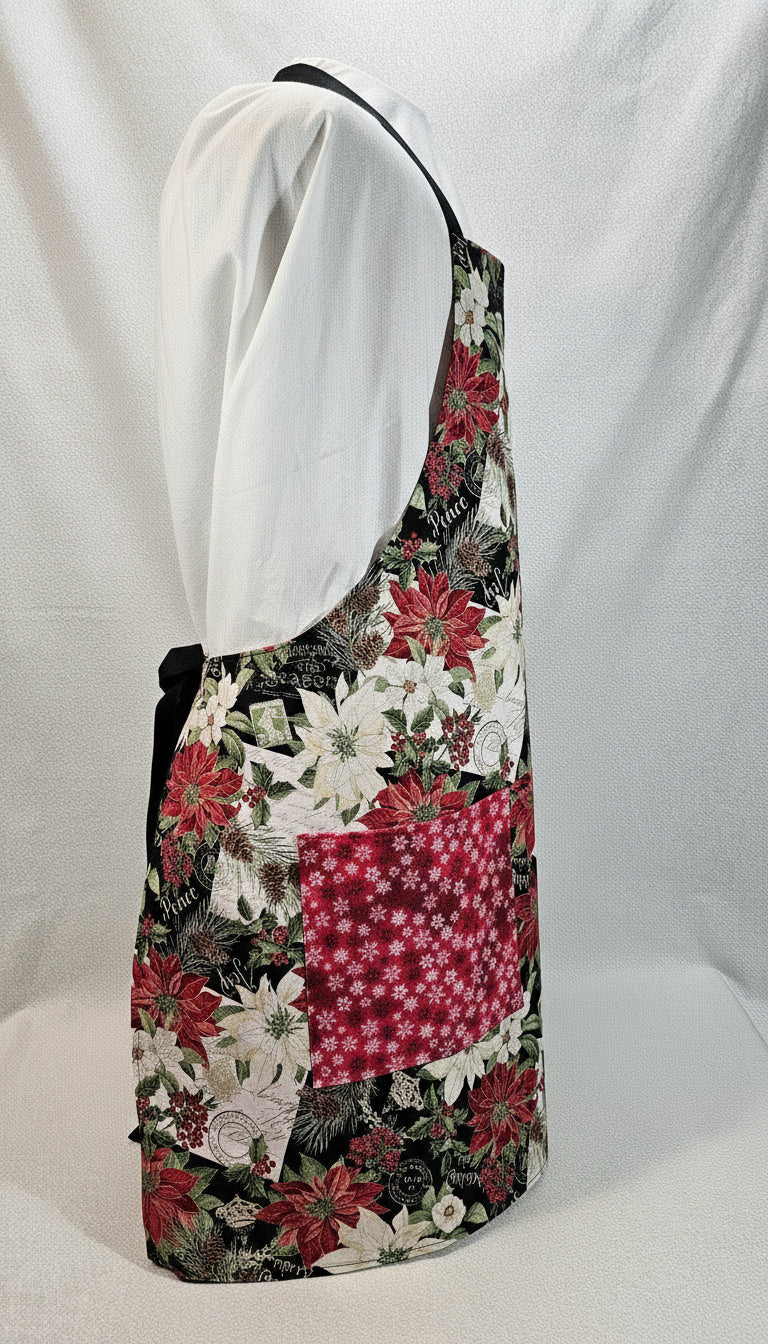 White and Red Poinsettia Apron, Reversable and Adjustable