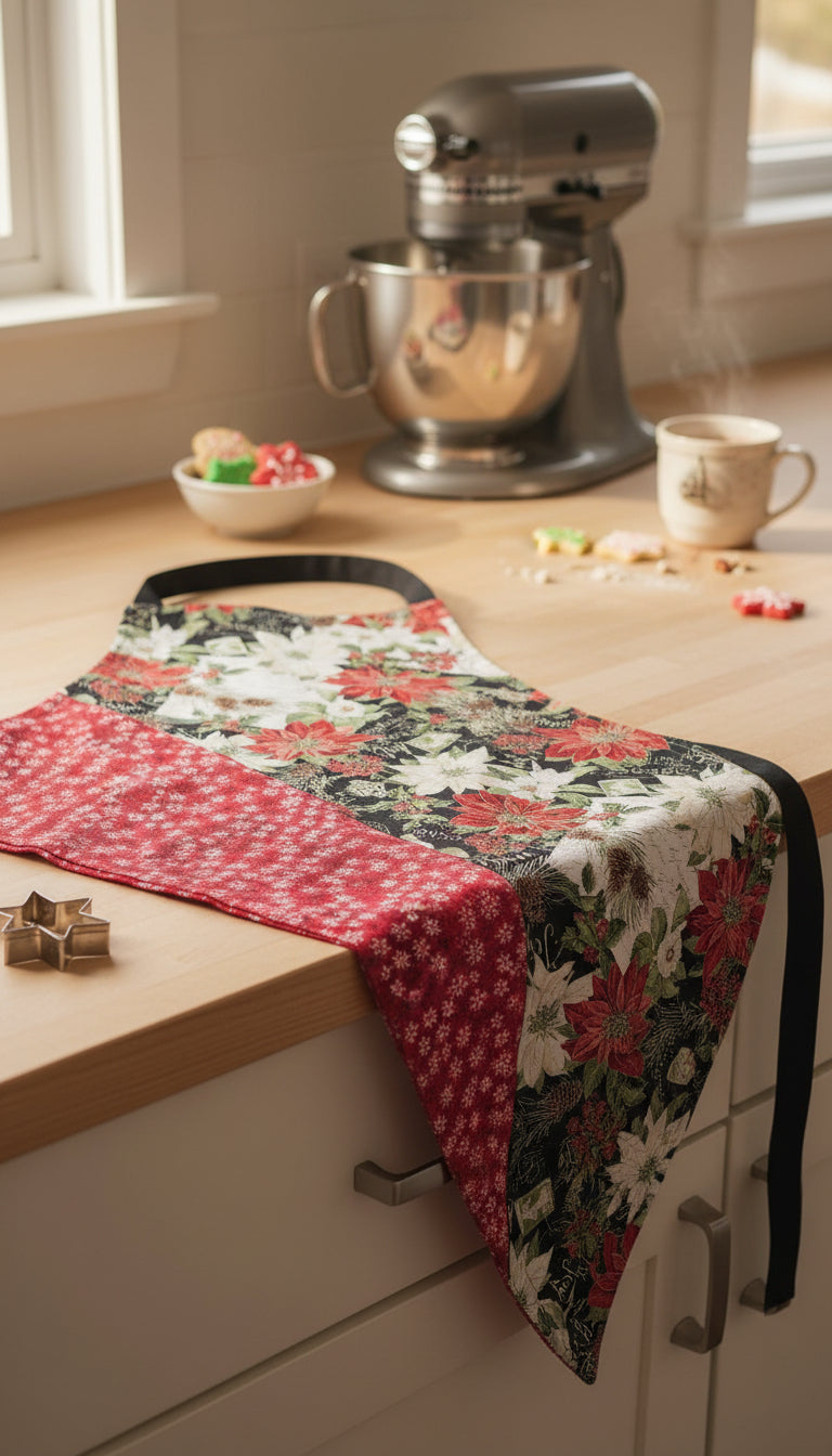 White and Red Poinsettia Apron, Reversable and Adjustable