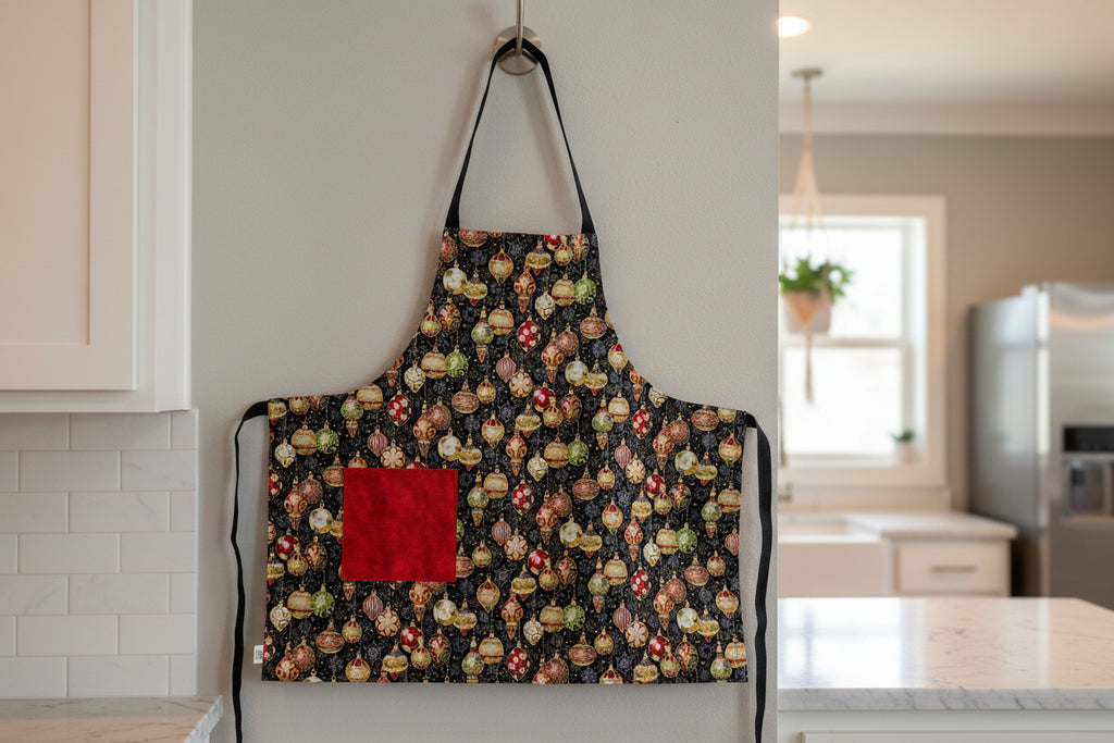Christmas Ornaments on Black Apron, Reversable and Adjustable