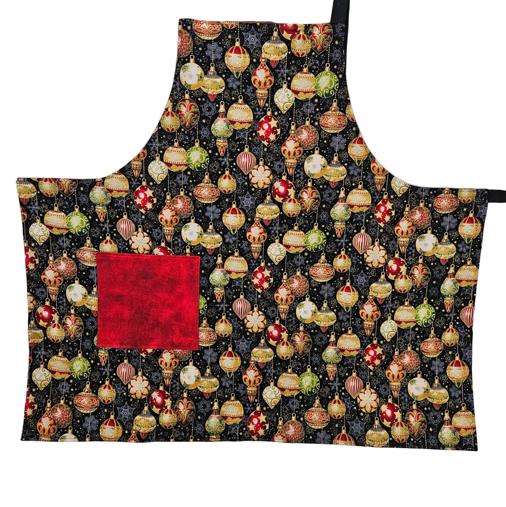 Christmas Ornaments on Black Apron, Reversable and Adjustable