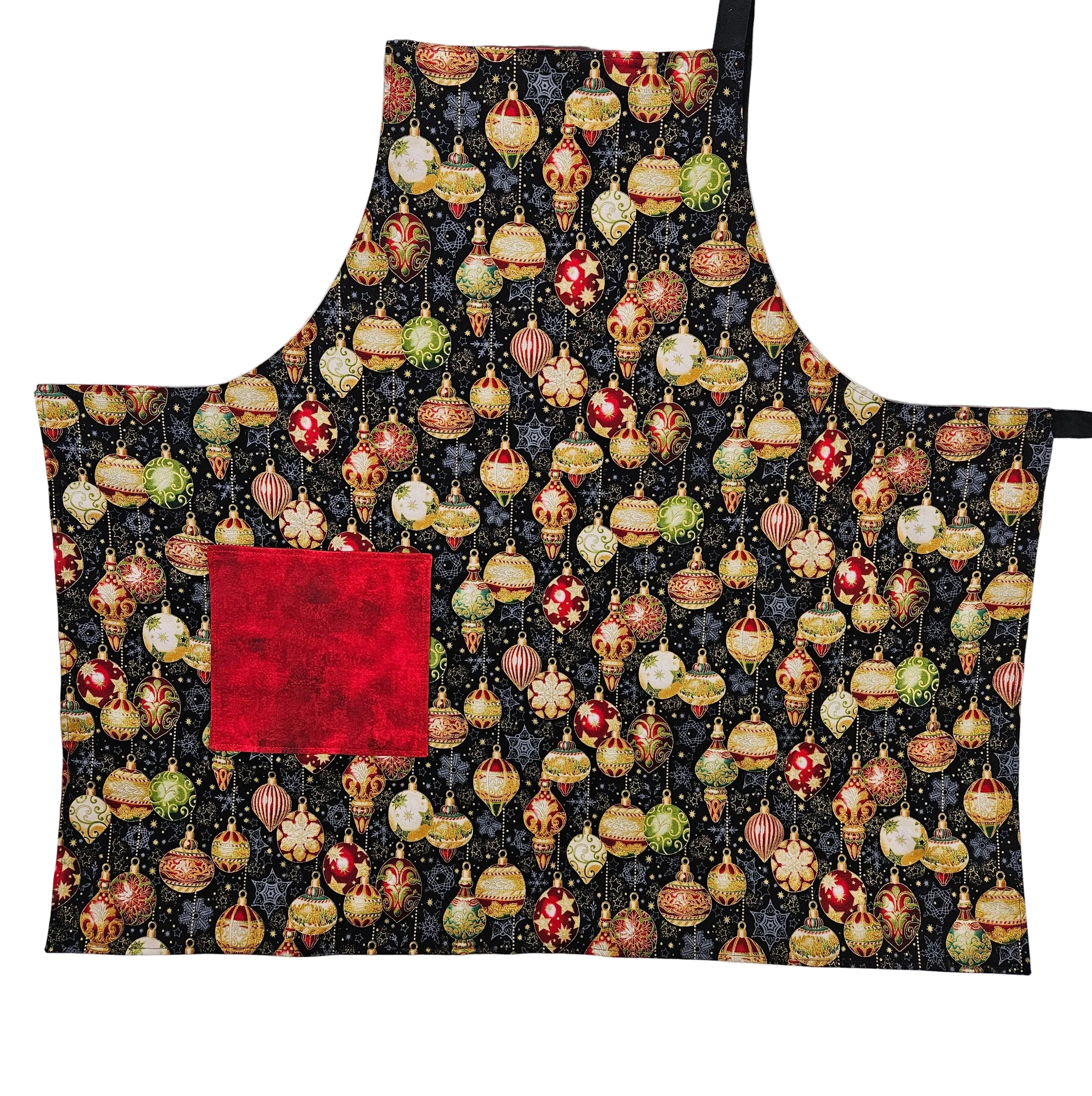 Christmas Ornaments on Black Apron, Reversable and Adjustable