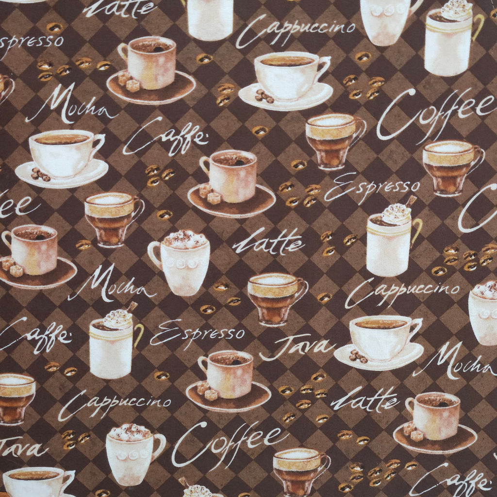 Pattern of coffee cups and text on a brown fabric background