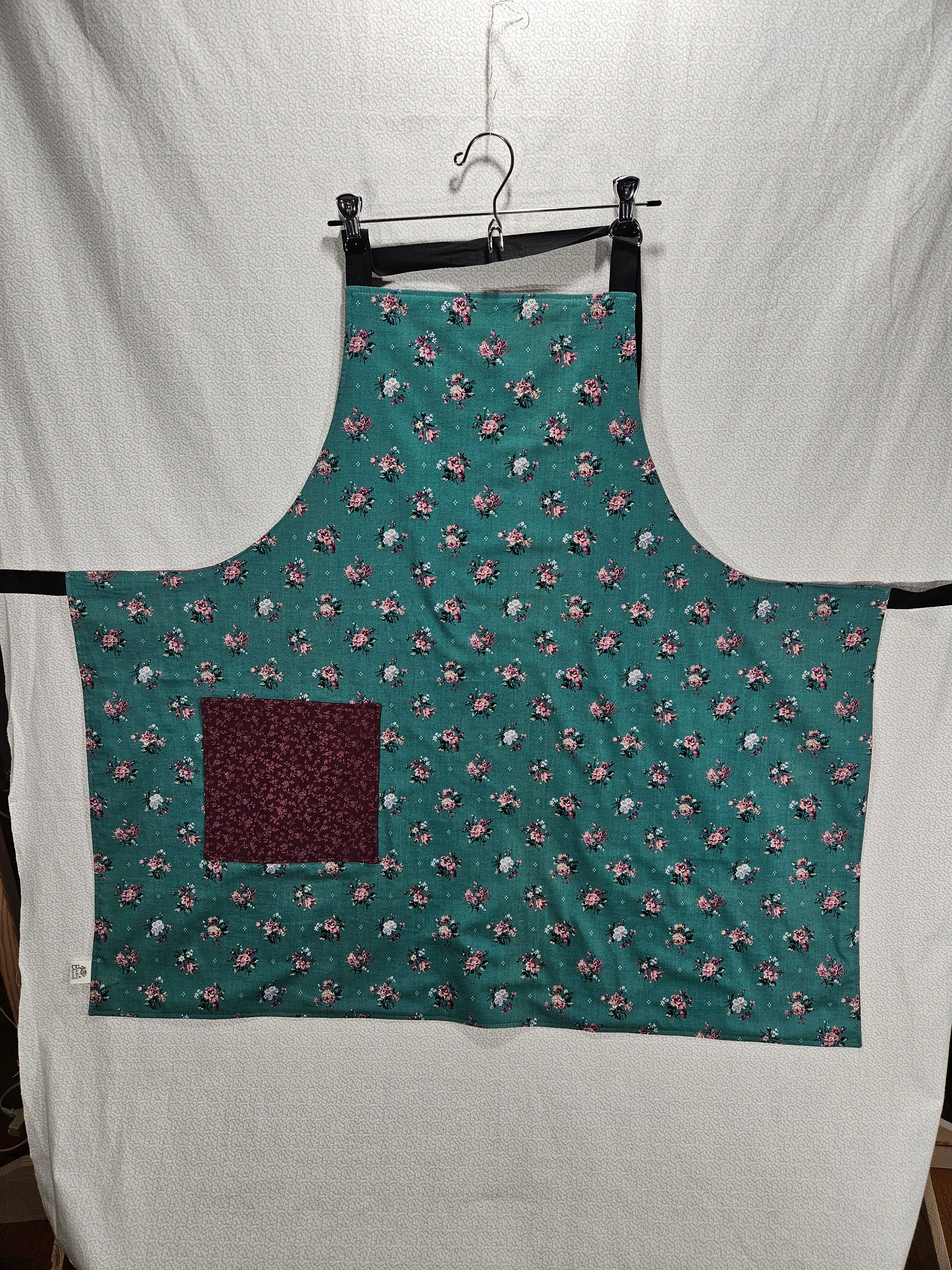 Teal Vintage Floral Apron, Reversable and Adjustable