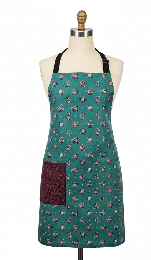 Teal Vintage Floral Apron, Reversable and Adjustable