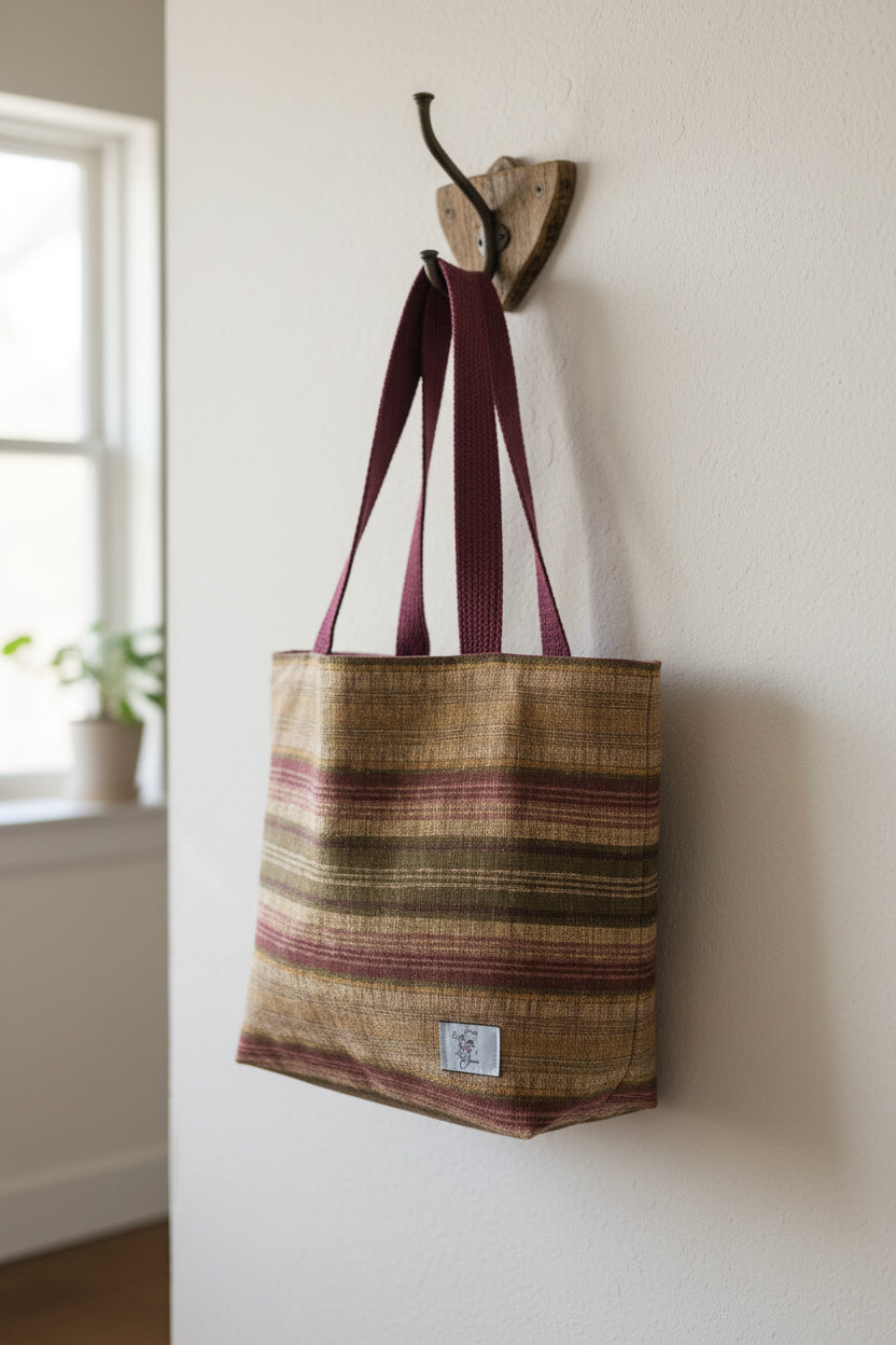 A woven tote bag with horizontal stripes in beige, brown, olive green, and burgundy, featuring matching burgundy fabric shoulder straps, displayed on a white fabric surface.
