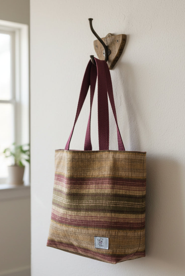 Green and Burgundy Stripes on Tan Tote Bag