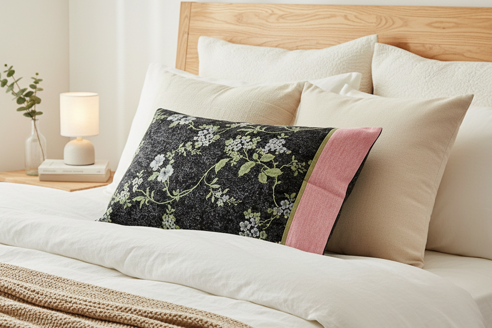 White Flowers on Black Queen Size Pillowcase