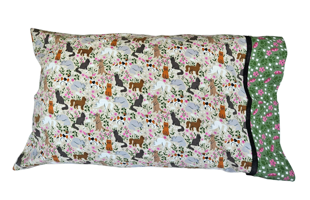 Cat and Flowers Queen Size Pillowcase