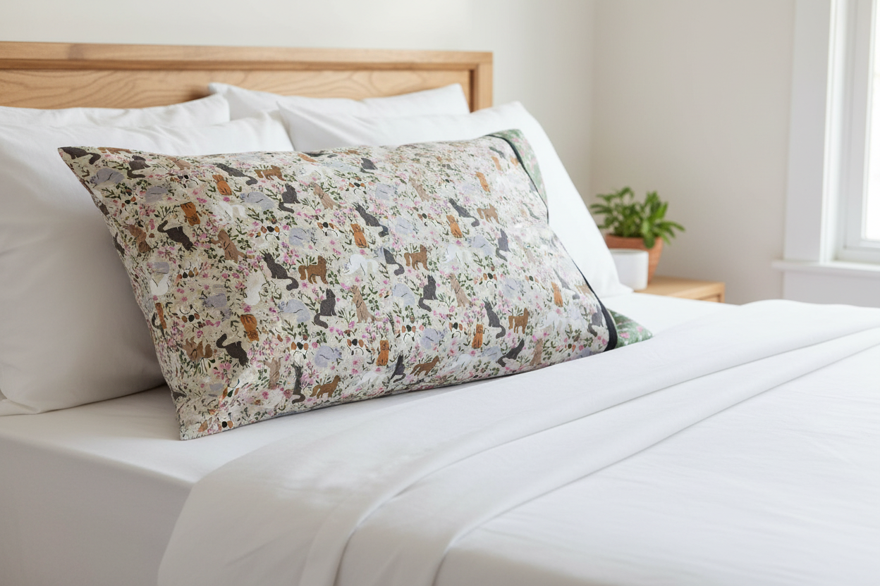 Cat and Flowers Queen Size Pillowcase