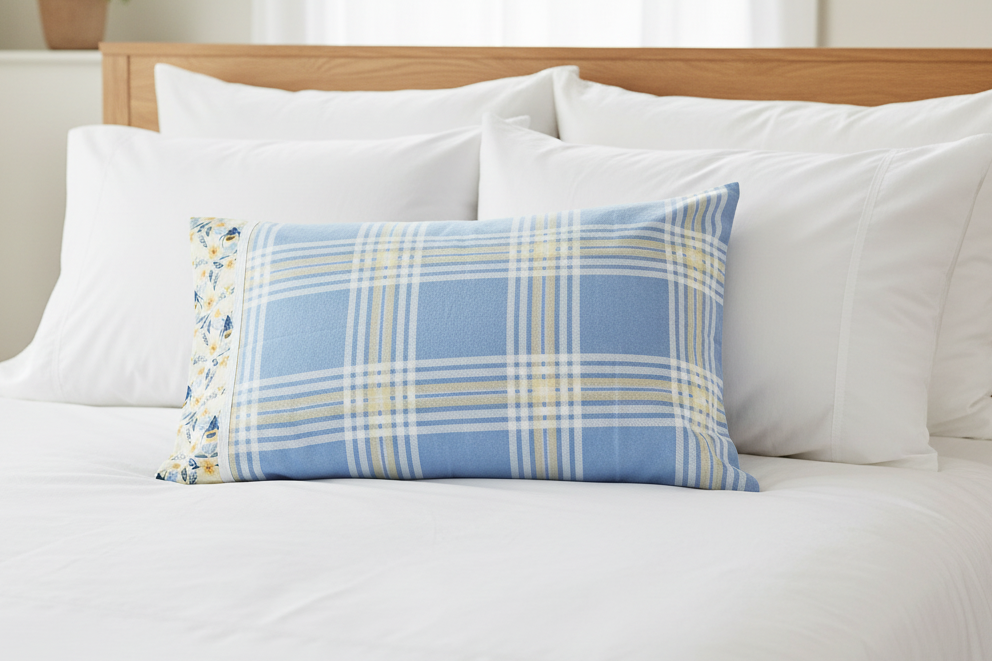 Blue Plad and Bees Queen Size Pillowcase